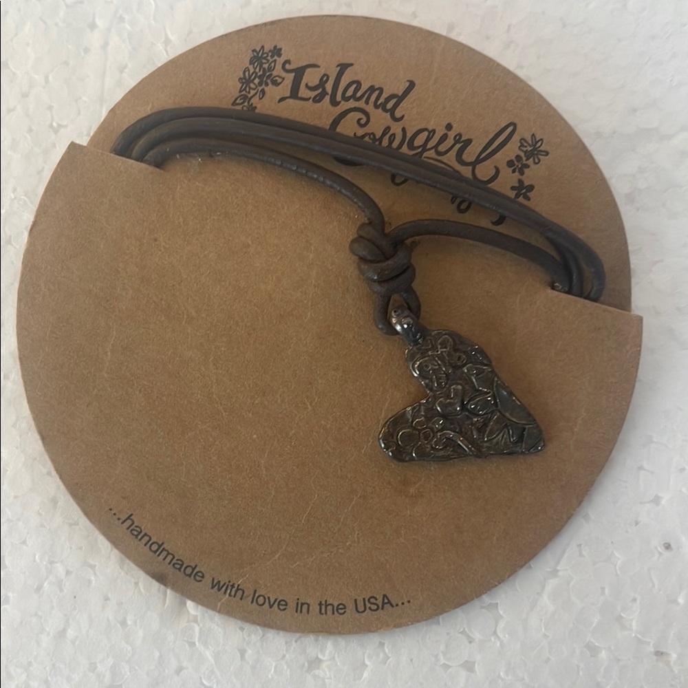 Island Cowgirl grow love, sterling silver Heart Pendant brown leather Necklace